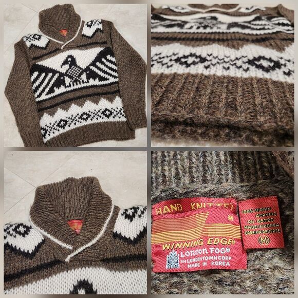 London Fog Other - VTG Hand Knit Cowichan Thunderbird Mens M Medium Shawl Collar Eagle‎ Sweater